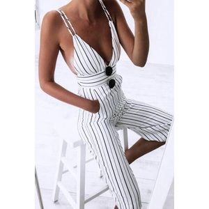 STRIPE V-NECK BACKLESS JUMPSUIT